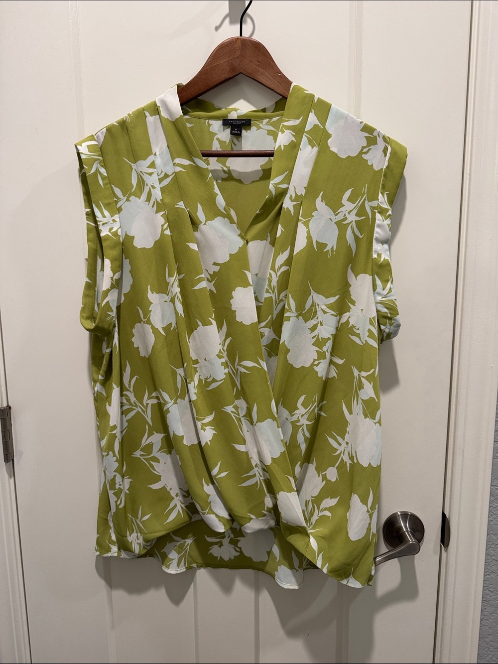 Ann Taylor Green and White Floral Faux-Wrap Sleeveless Top